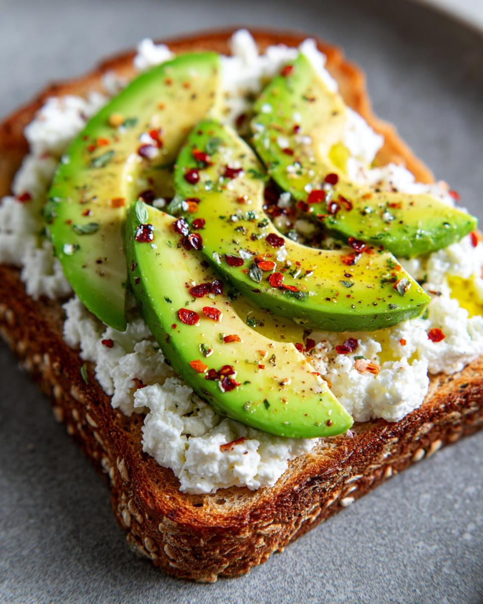 Close-up of savory cottage cheese toast topped with sliced avocado, olive oil, and red chili flakes.