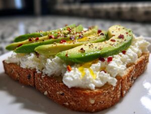 Close-up of avocado slices atop creamy cottage cheese toast, seasoned with chili flakes and olive oil.