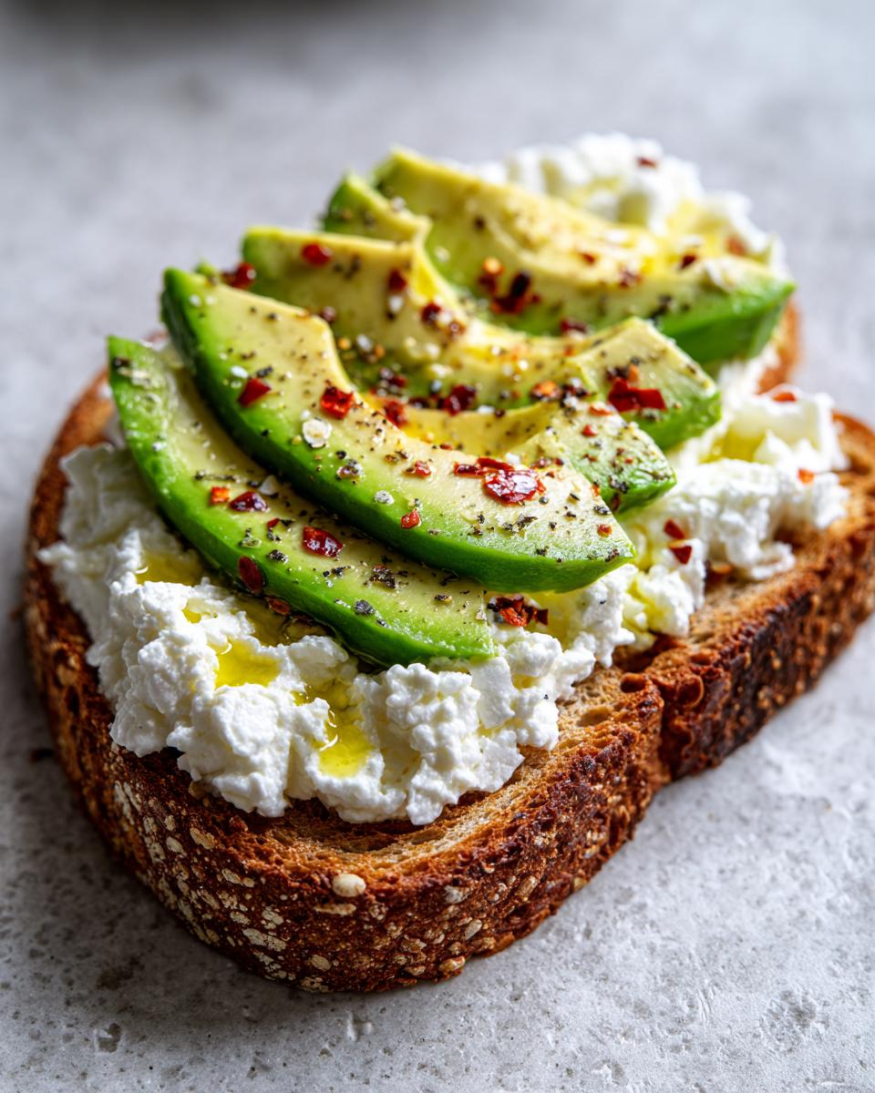 Close-up of savory cottage cheese toast topped with sliced avocado, olive oil, and red pepper flakes.