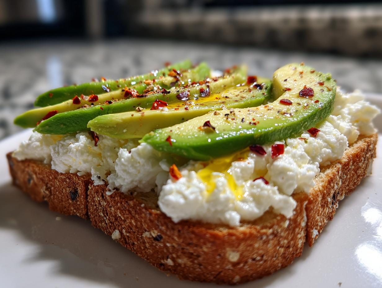 Close-up of avocado slices atop creamy cottage cheese toast, seasoned with chili flakes and olive oil.