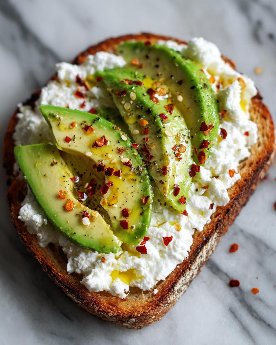 Close-up of savory cottage cheese toast topped with sliced avocado, olive oil, and red chili flakes.