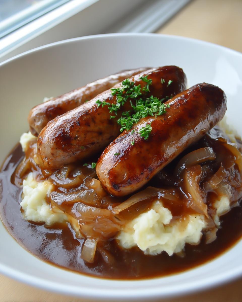Three browned sausages served over creamy mashed potatoes, smothered in onion gravy, making classic bangers and mash.