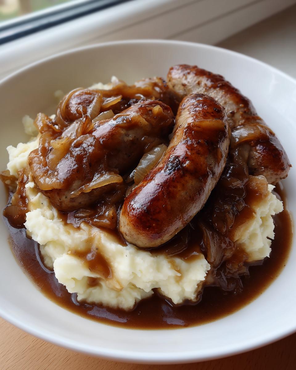 A white bowl filled with creamy mashed potatoes topped with browned sausages, caramelized onions, and rich brown gravy, classic bangers and mash.