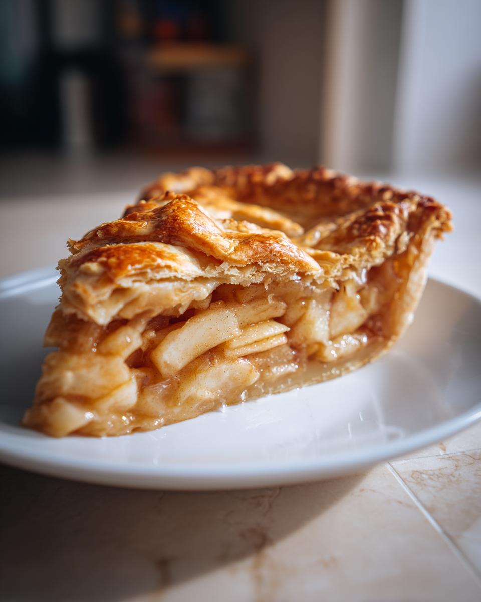 Close-up of a perfect slice of apple pie showing thick, flaky crust and caramelized apple filling.