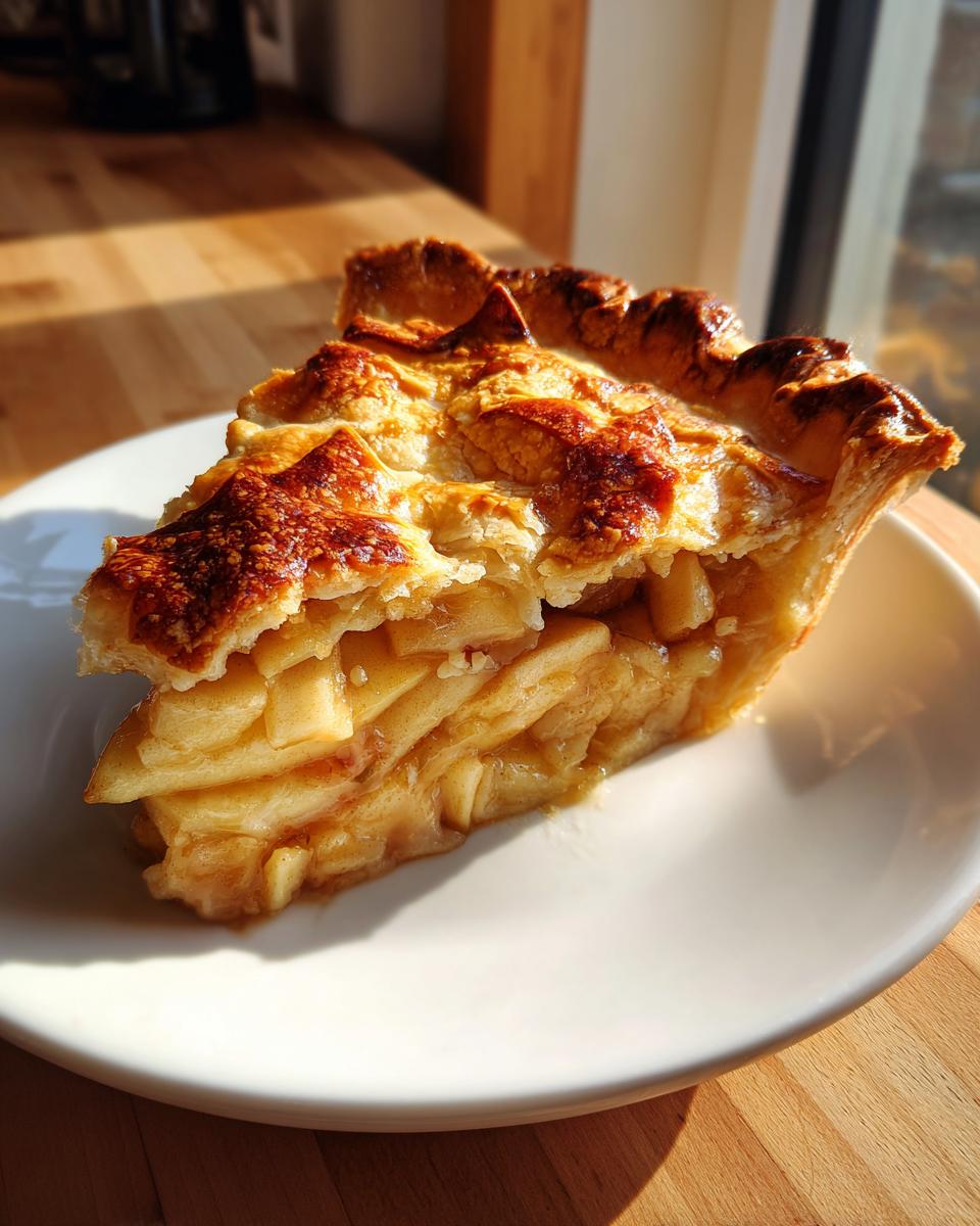A thick slice of best apple pie showing layered, tender apple filling and a golden, flaky crust.