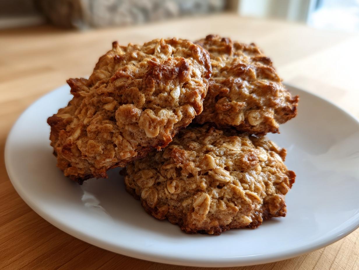Three freshly baked, textured applesauce cookies stacked slightly on a small white plate.