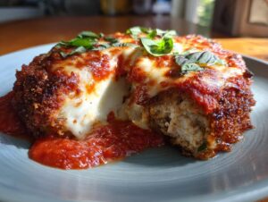 Close-up of a serving from the best chicken parmesan recipe showing melted mozzarella cheese and marinara sauce.