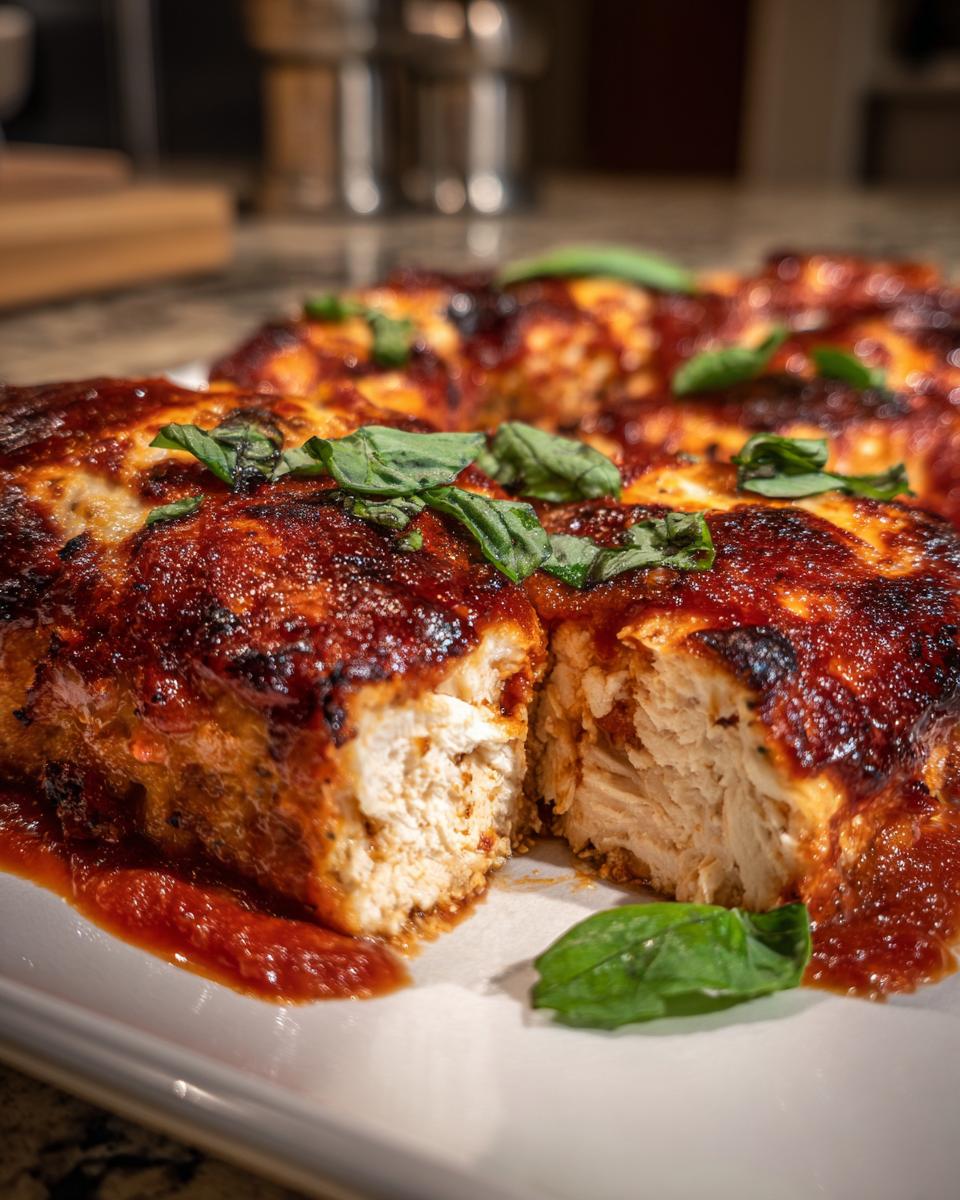 Close-up of a perfectly cooked chicken parmesan recipe cut open, showing juicy white meat and rich tomato sauce.