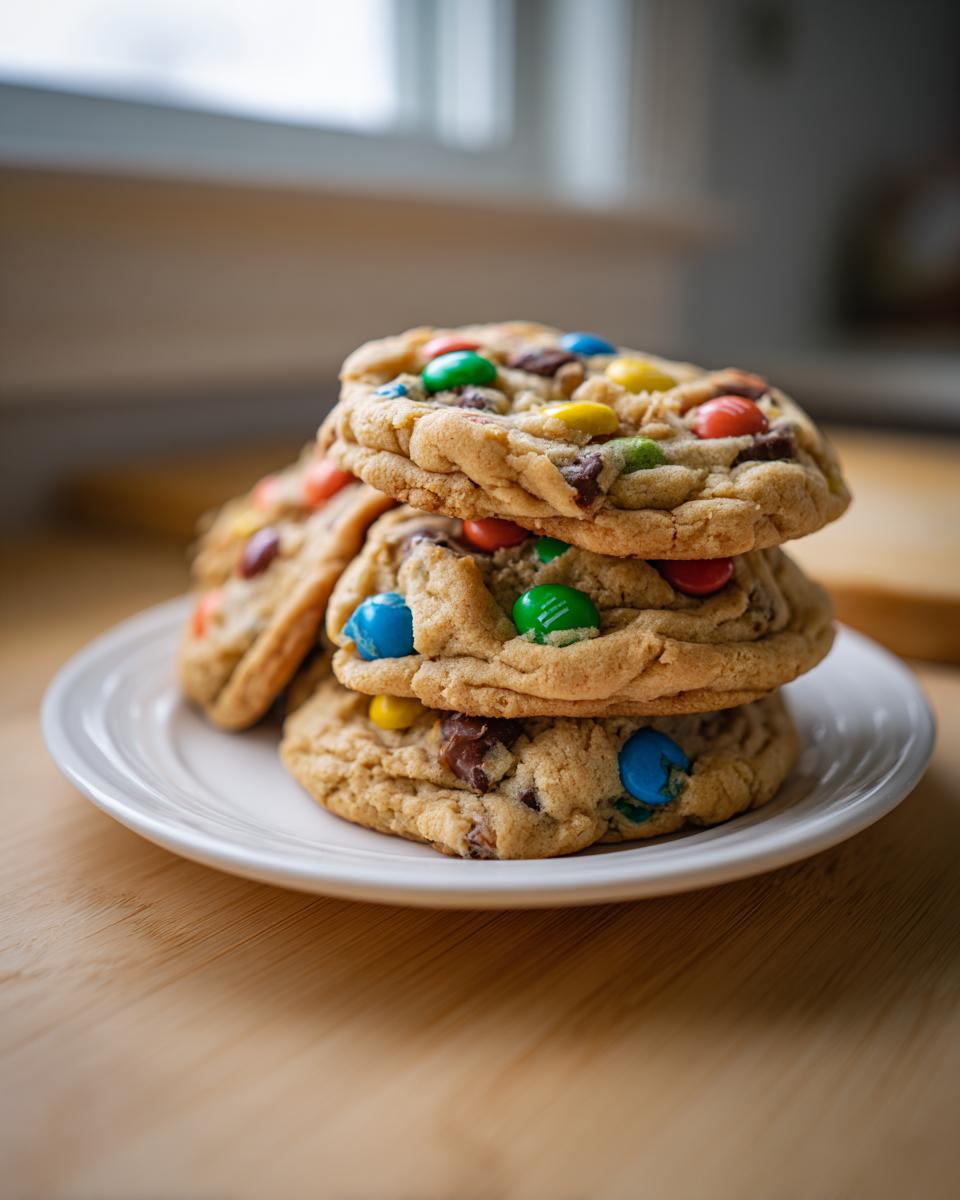 A stack of three freshly baked, chewy m&m cookies piled on a small white plate.