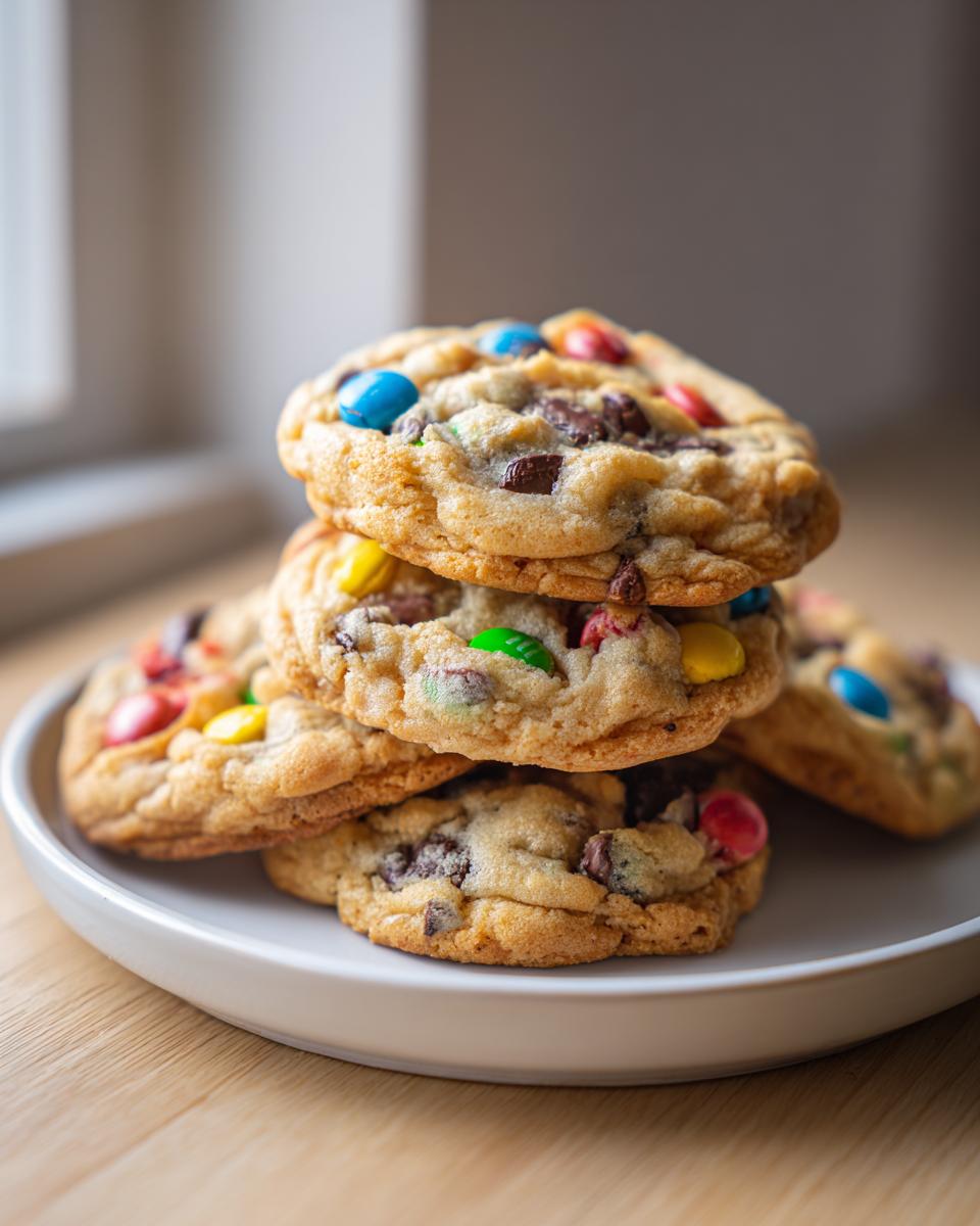 A stack of freshly baked, chewy m&m cookies loaded with colorful candies and chocolate chips, resting on a white plate.
