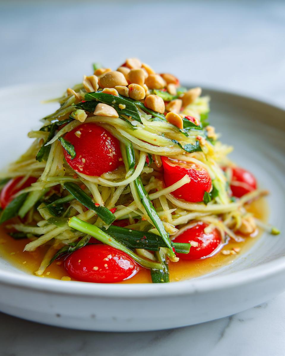 A close-up of a vibrant papaya salad, featuring shredded green papaya, cherry tomatoes, green onions, and topped with peanuts.