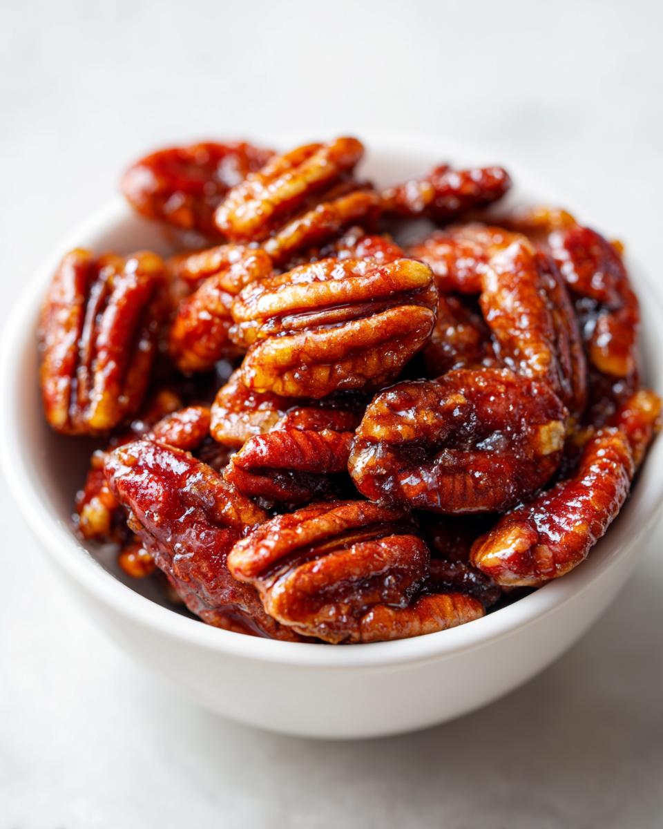 A white bowl filled with glistening, homemade candied pecans, showcasing their crunchy, sweet coating.