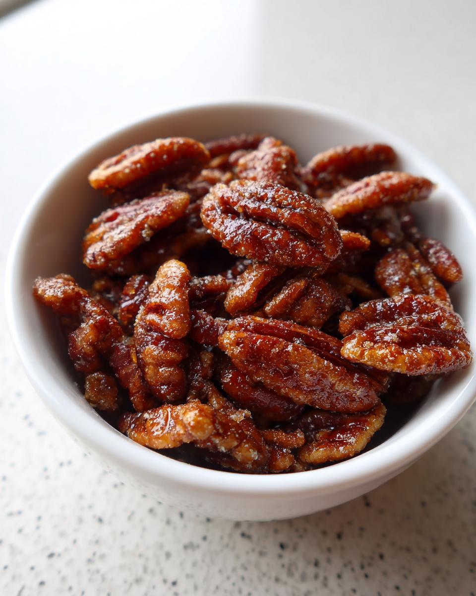 Close-up of shiny, glazed candied pecans piled high in a small white bowl.