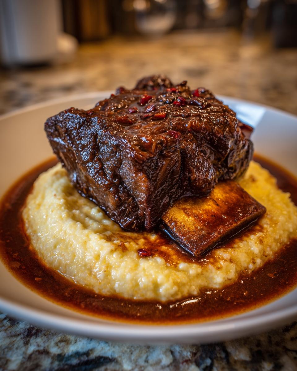 A close-up of a single portion of rich, dark braised short ribs served over creamy polenta with a savory sauce.