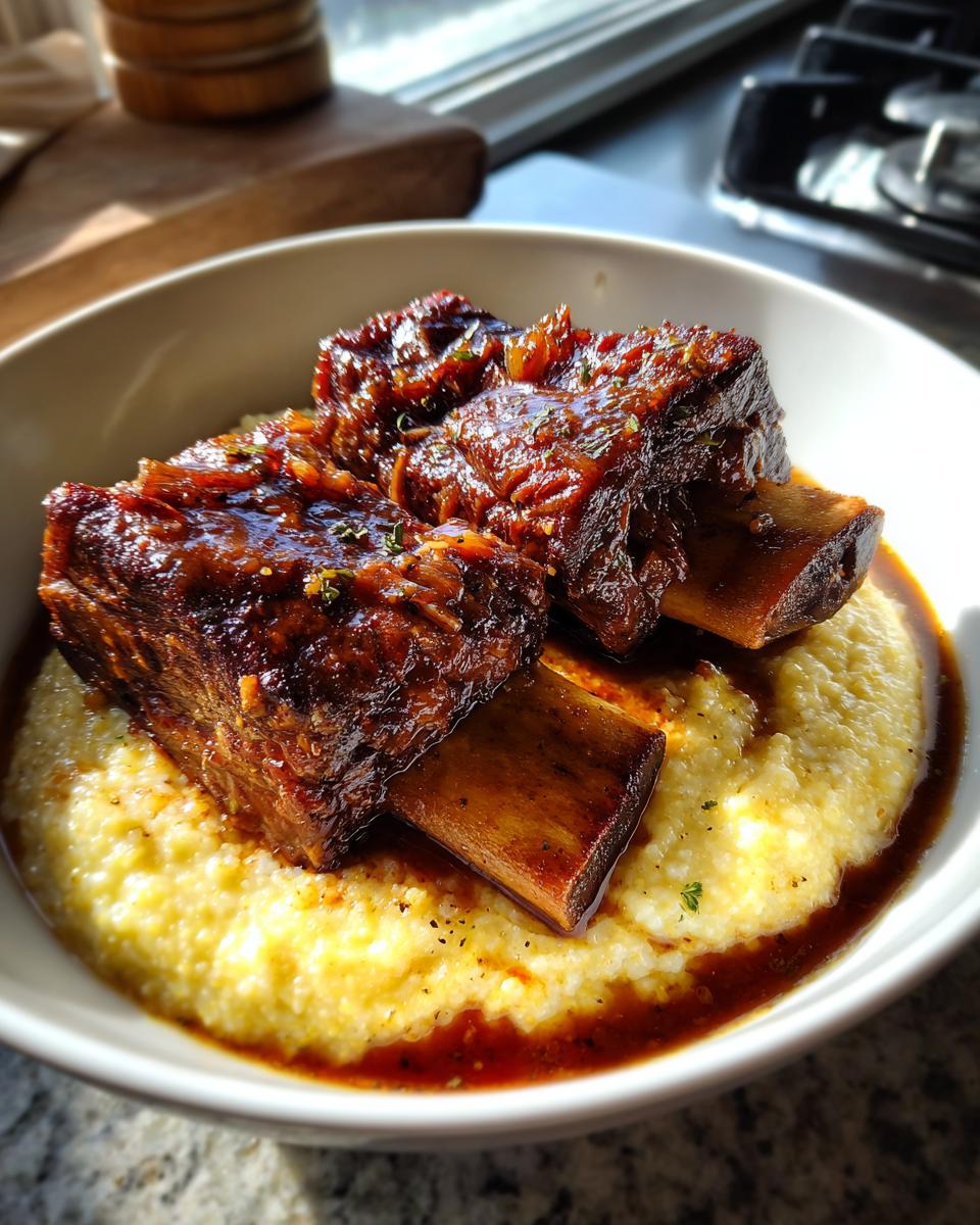 Two tender braised short ribs served over creamy yellow polenta, drizzled with rich sauce.