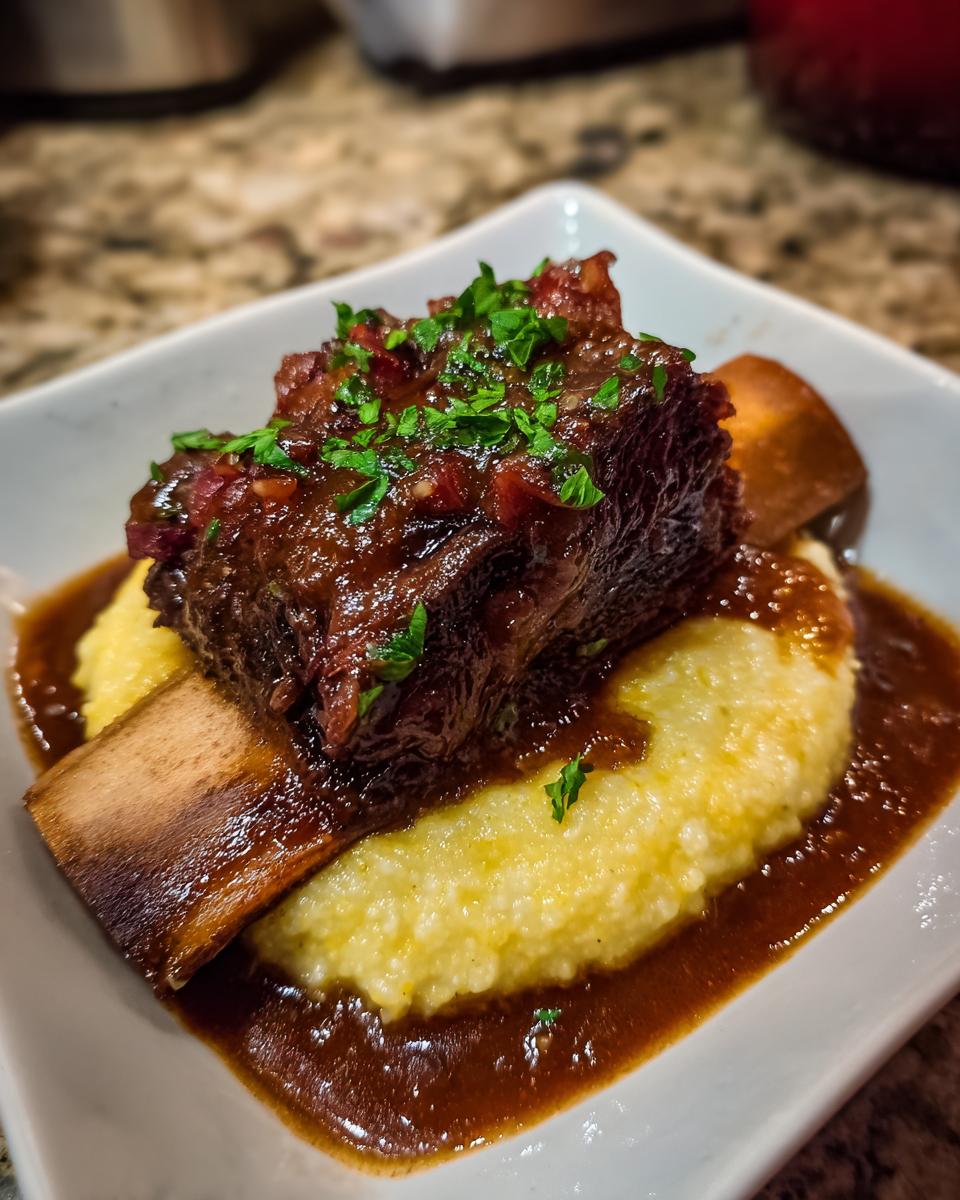 A single, tender braised short ribs served over creamy polenta and covered in rich sauce, garnished with parsley.