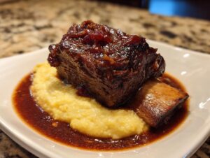 A single, rich, dark braised short ribs served over creamy yellow polenta with a deep red sauce.