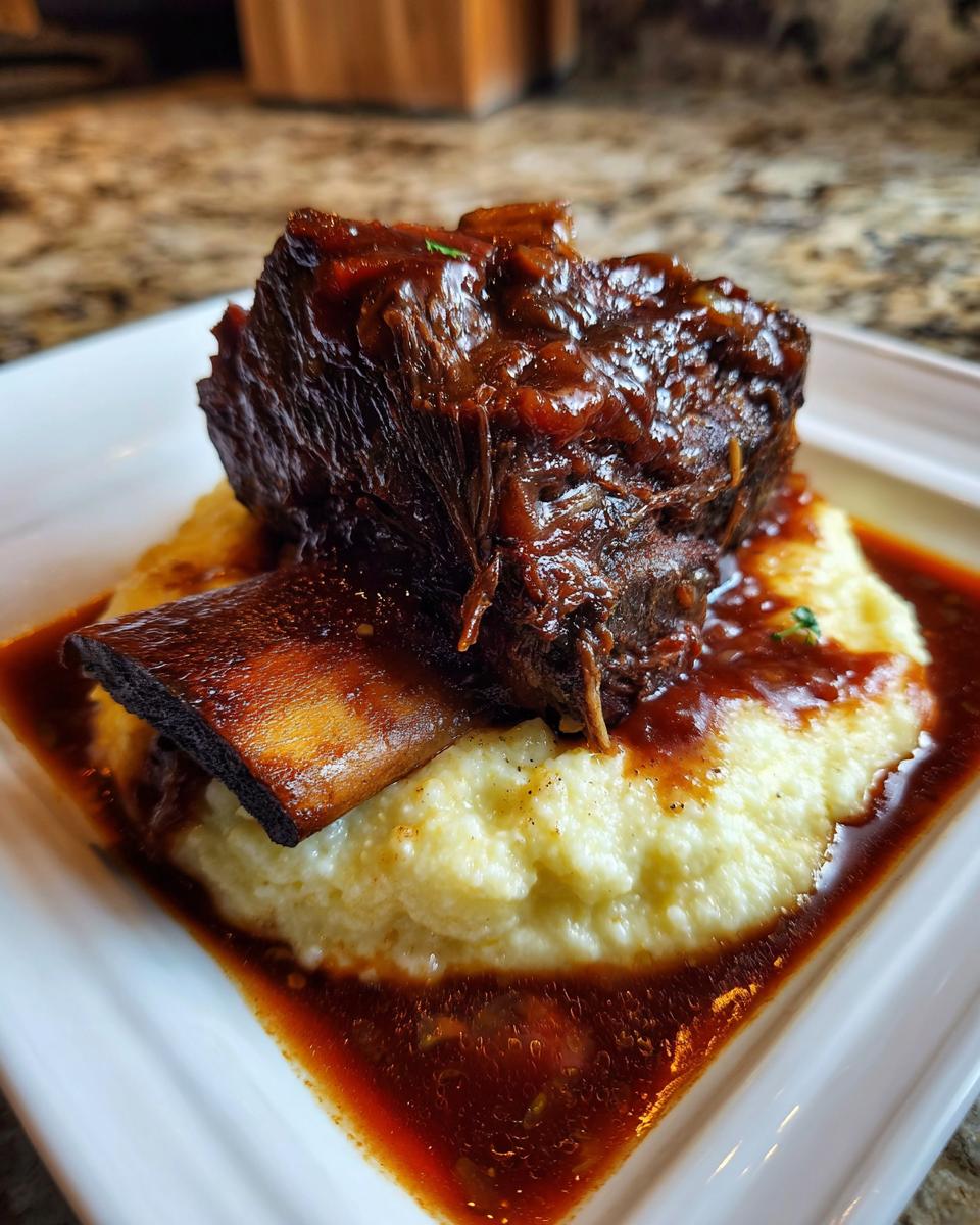 A single serving of tender braised short ribs served over creamy polenta with rich brown sauce.