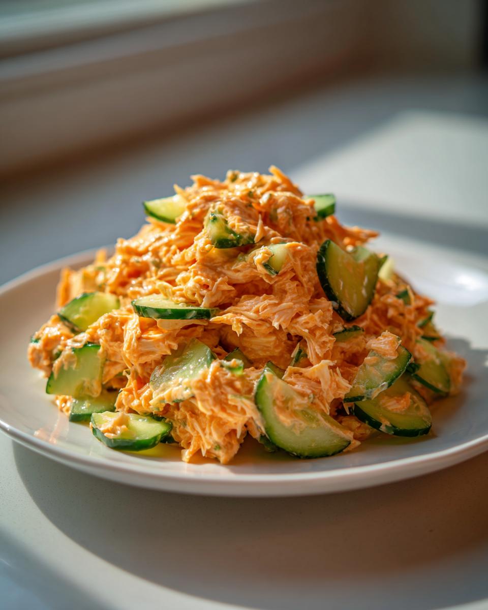 A mound of creamy, bright orange kani salad mixed with slices of fresh cucumber on a white plate.