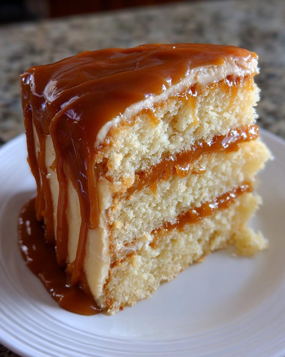 Close-up of a moist slice of caramel cake recipe with thick caramel drizzle dripping down the sides.