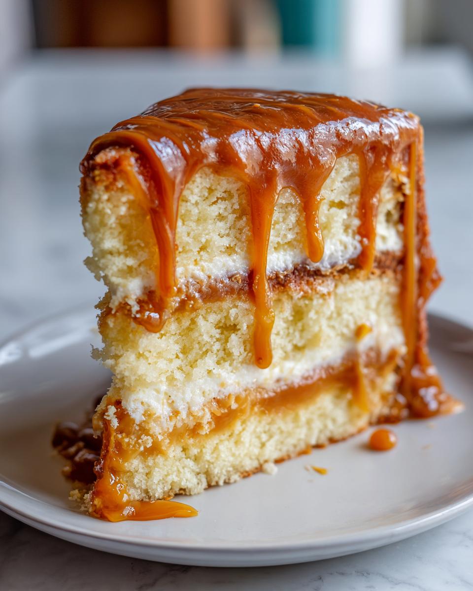 Close-up of a moist slice of layered caramel cake recipe dripping with thick, glossy caramel sauce.