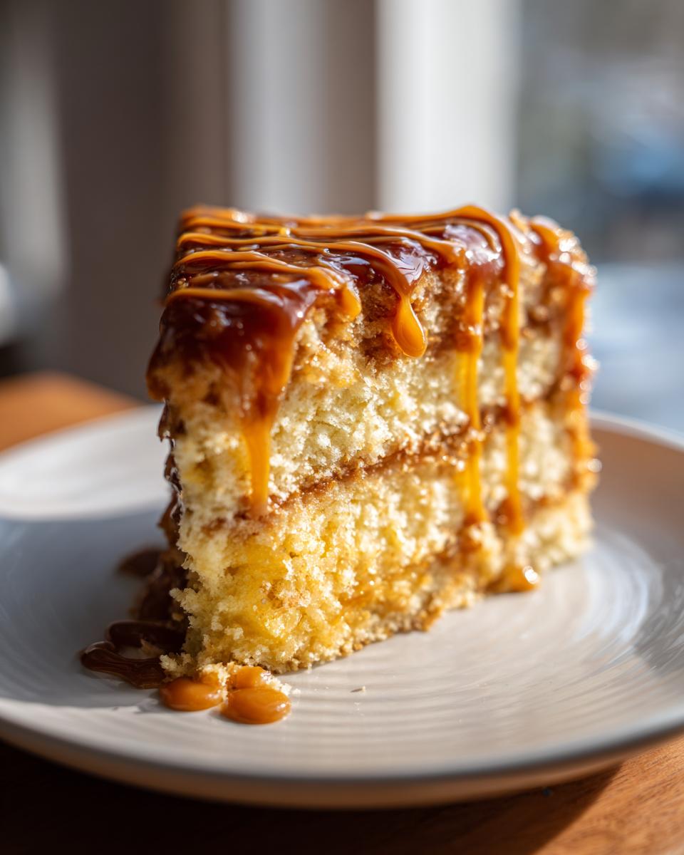 A moist slice of layered caramel cake recipe topped with rich, dripping caramel sauce.