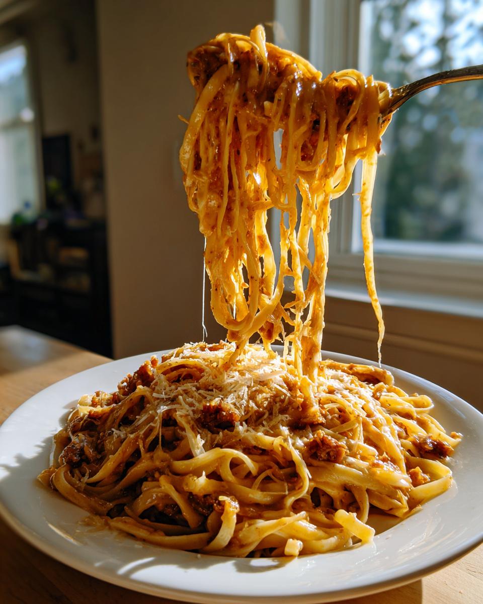 A fork lifts a generous portion of creamy caramelized onion pasta, showing long strands dripping sauce and grated cheese.