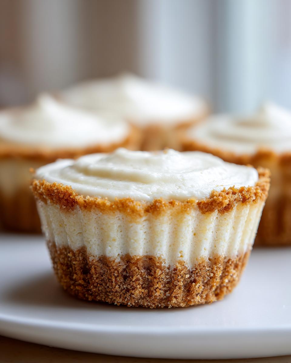 A single, perfectly formed cheesecake cupcake with a thick graham cracker crust and creamy white topping, in focus.