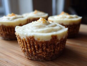 A close-up view of one perfect cheesecake cupcakes with a thick graham cracker crust and creamy white topping.