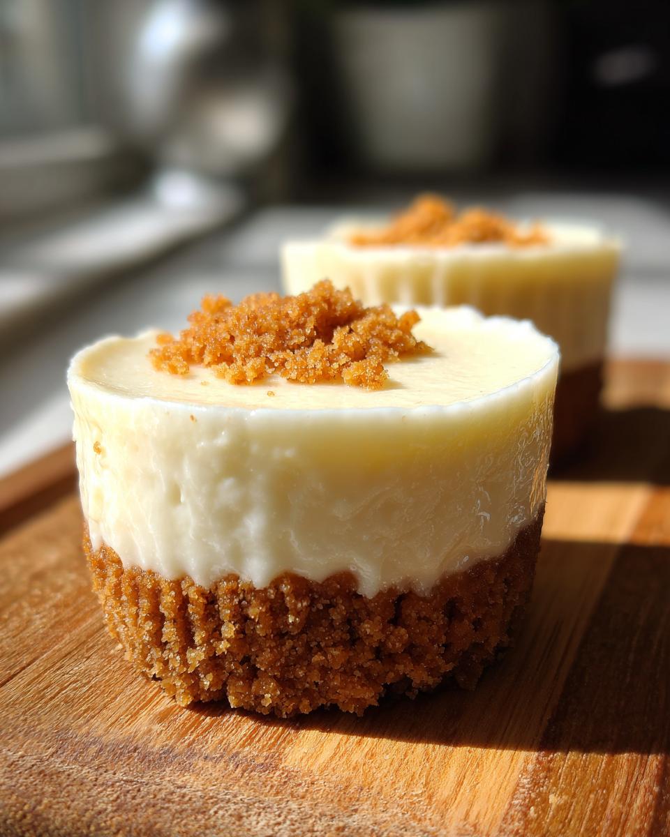 Close-up of a single, mini cheesecake cupcakes with a thick graham cracker crust and creamy white filling, topped with brown sugar crumbs.