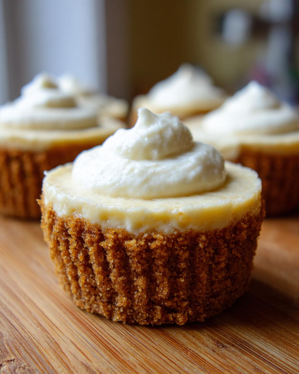 A single, perfectly formed cheesecake cupcake with a thick graham cracker crust and a swirl of white cream topping.