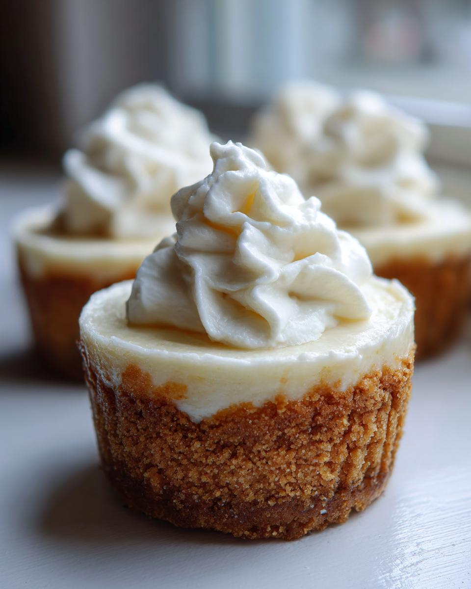 A close-up of one perfectly baked cheesecake cupcakes featuring a thick graham cracker crust and a swirl of white whipped topping.