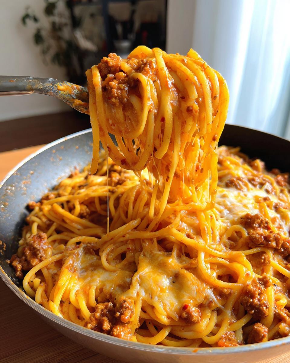 Close-up of spaghetti noodles being lifted from a skillet, showing a dramatic cheese pull in the cheesy taco pasta.