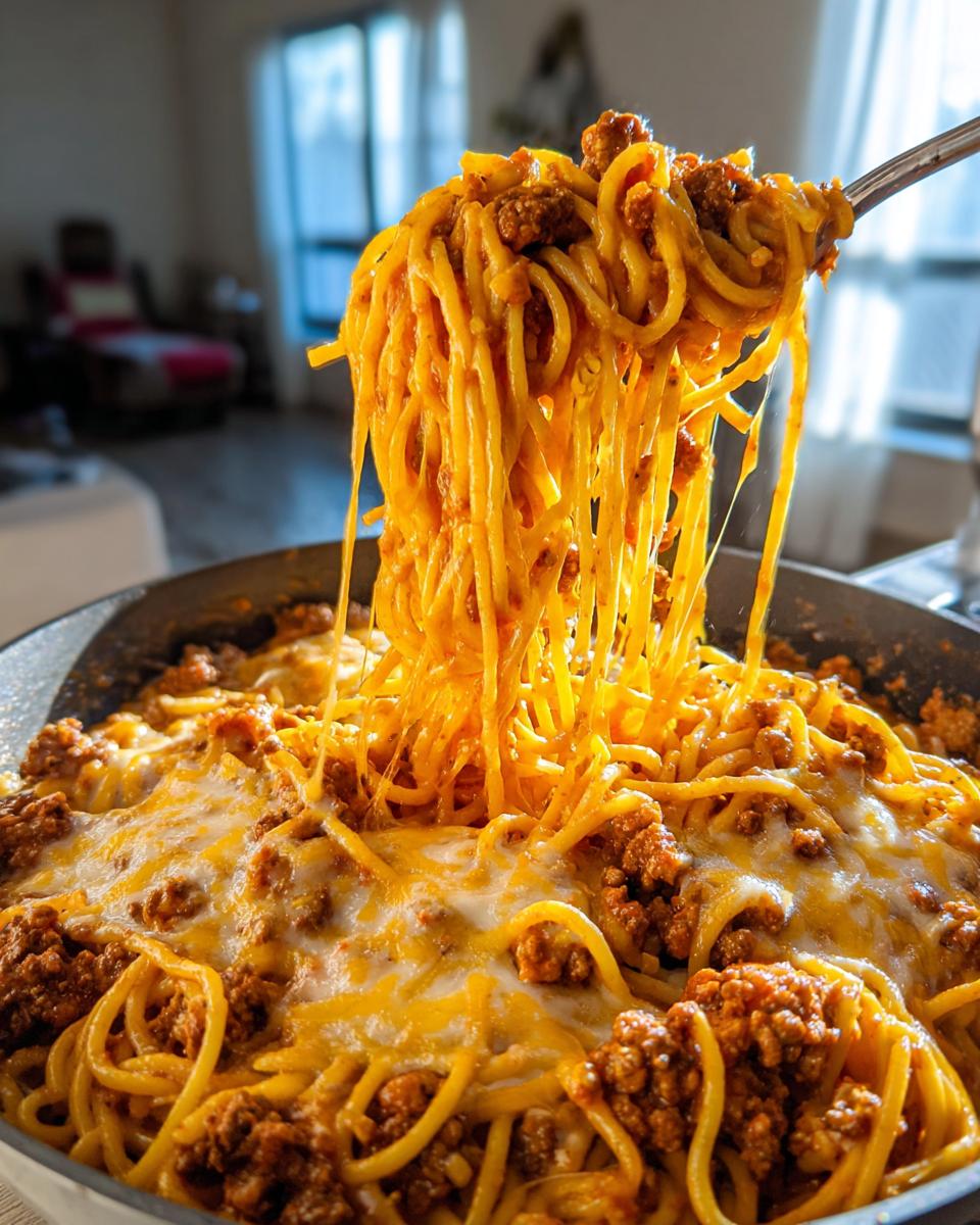 A fork lifts a large tangle of cheesy taco pasta coated in sauce and ground meat from a skillet topped with melted cheese.