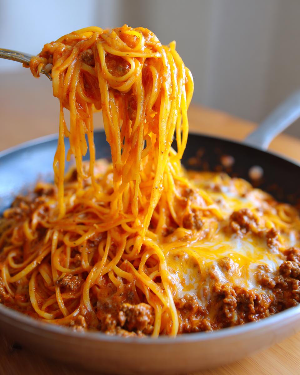 A fork lifting spaghetti coated in sauce from a skillet of cheesy taco pasta topped with melted cheddar.