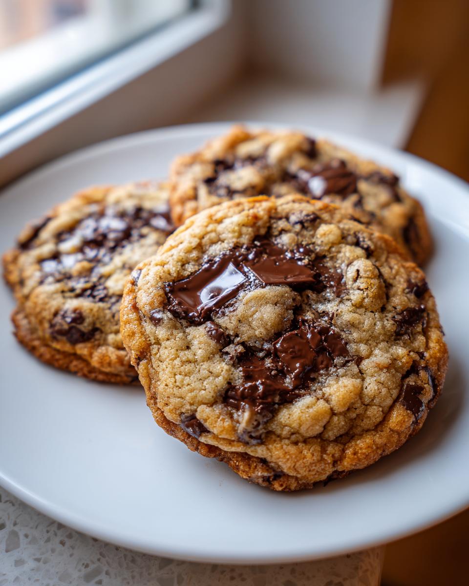 Three golden brown, thick, and chewy chocolate chip cookies with melted chocolate chunks on a white plate.