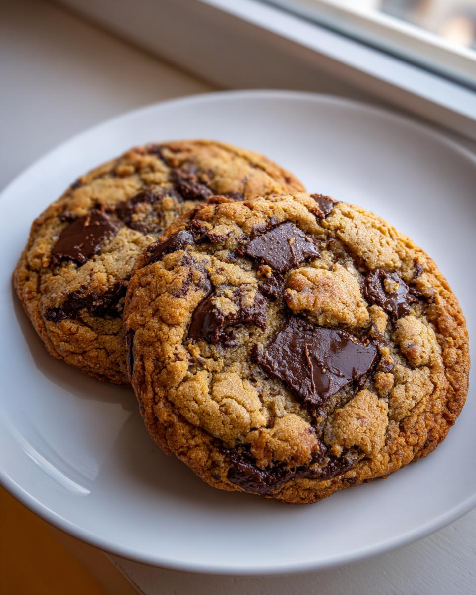 Two thick, golden brown chewy chocolate chip cookies loaded with melted chocolate chunks on a white plate.