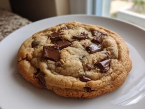 A close-up of one perfectly baked, thick, and chewy chocolate chip cookie topped with large chocolate chunks.