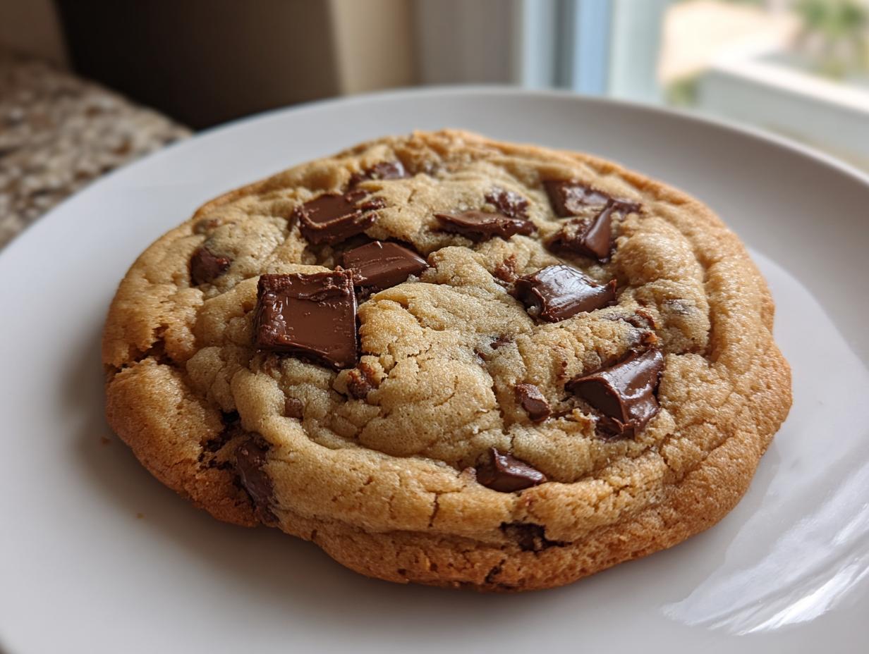 A close-up of one perfectly baked, thick, and chewy chocolate chip cookie topped with large chocolate chunks.