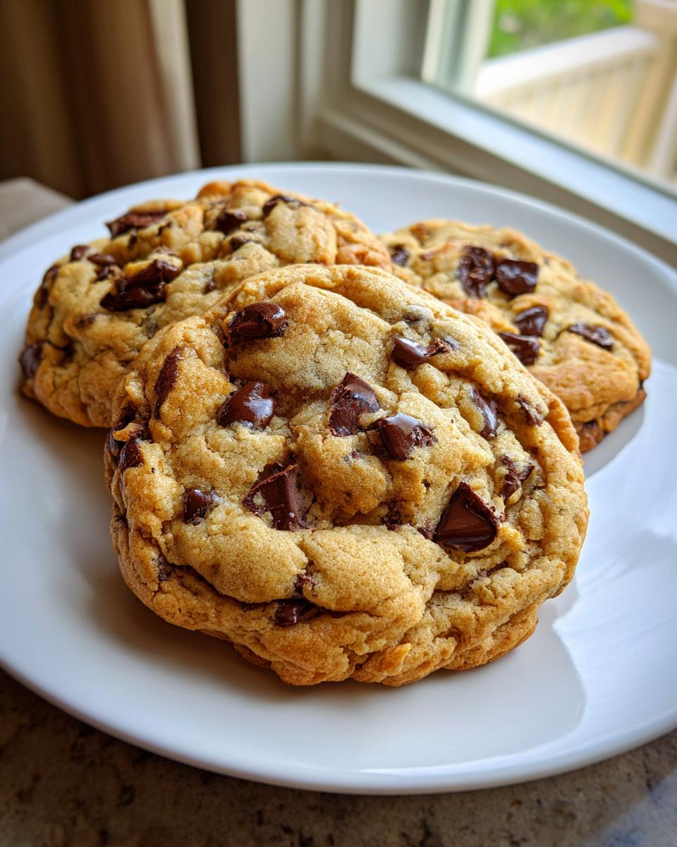 Three thick, golden brown chewy chocolate chip cookies piled on a white plate near a window.