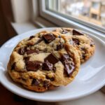 Two thick, freshly baked chewy chocolate chip cookies loaded with melted chocolate chunks on a white plate.