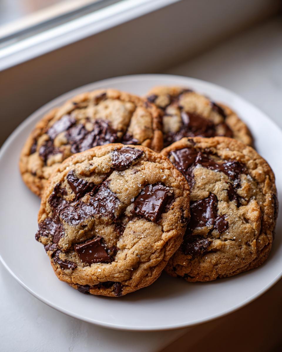 Close-up of four freshly baked chewy chocolate chip cookies topped with flaky sea salt.