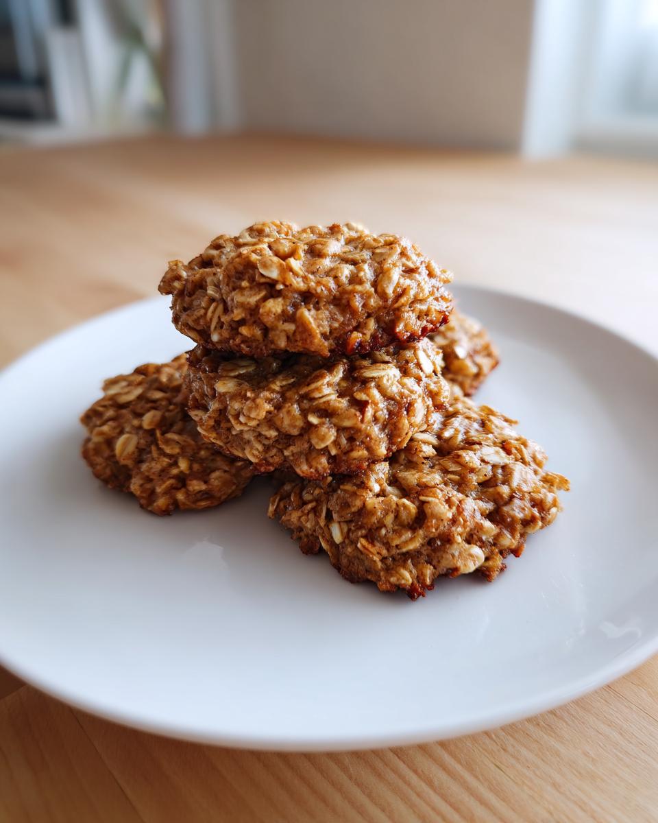 A stack of four chewy oatmeal applesauce cookies resting on a clean white plate on a wooden surface.