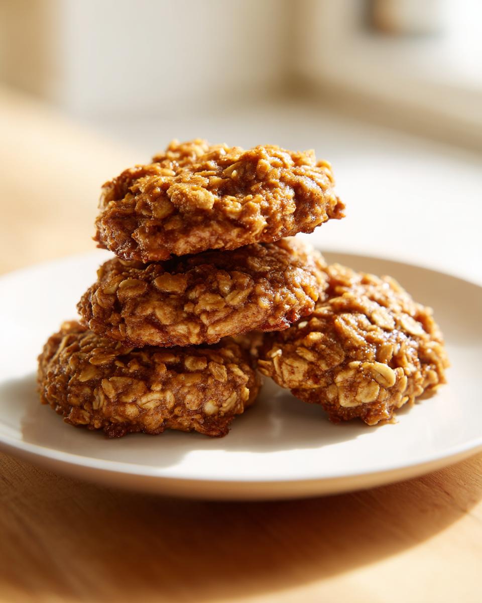 A stack of four chewy applesauce cookies made with visible oats, resting on a white plate.