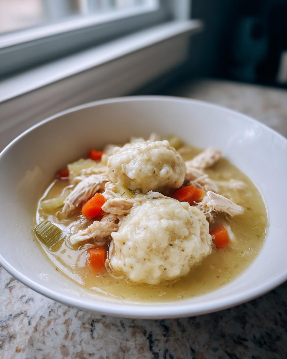 Close-up of a white bowl filled with homemade chicken and dumplings, shredded chicken, carrots, and celery in broth.