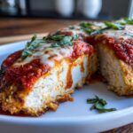 Close-up of a thick slice of chicken parmesan recipe showing juicy white chicken, melted mozzarella, and rich tomato sauce.