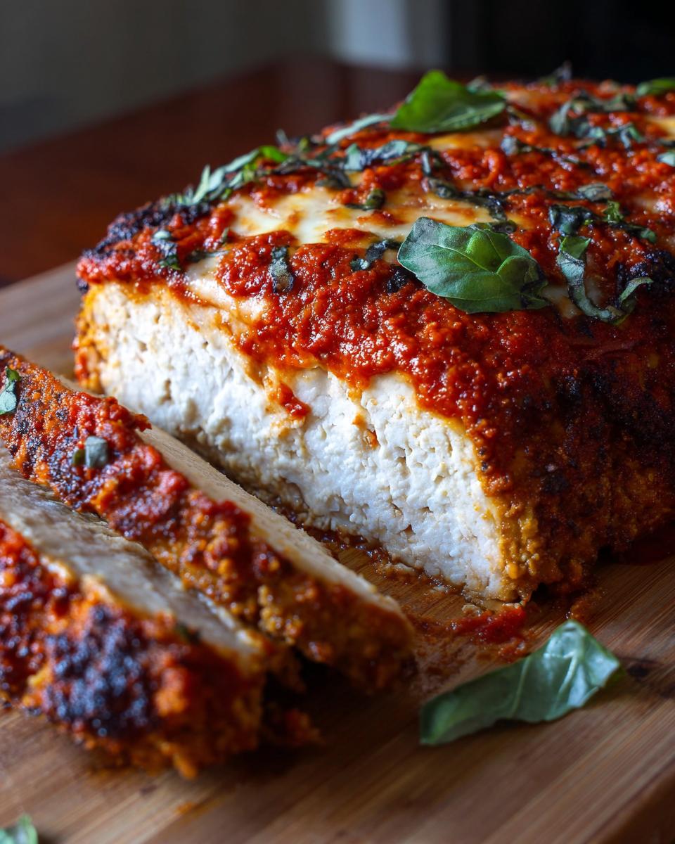 Close-up of a sliced, baked chicken parmesan recipe loaf topped with melted cheese, marinara sauce, and fresh basil.