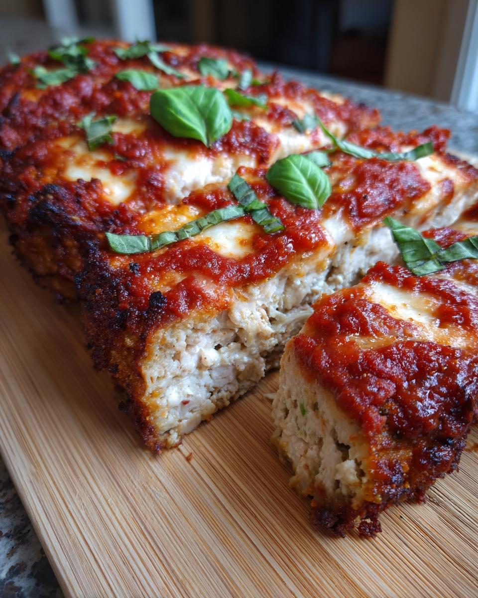 Close-up of a sliced chicken parmesan recipe loaf topped with melted cheese, marinara sauce, and fresh basil.