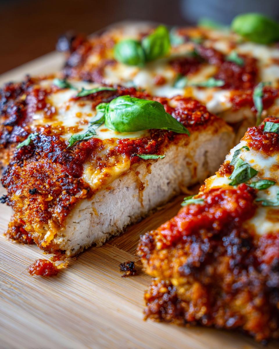 Close-up of a perfectly cooked chicken parmesan recipe, showing crispy breading, melted cheese, red sauce, and fresh basil.