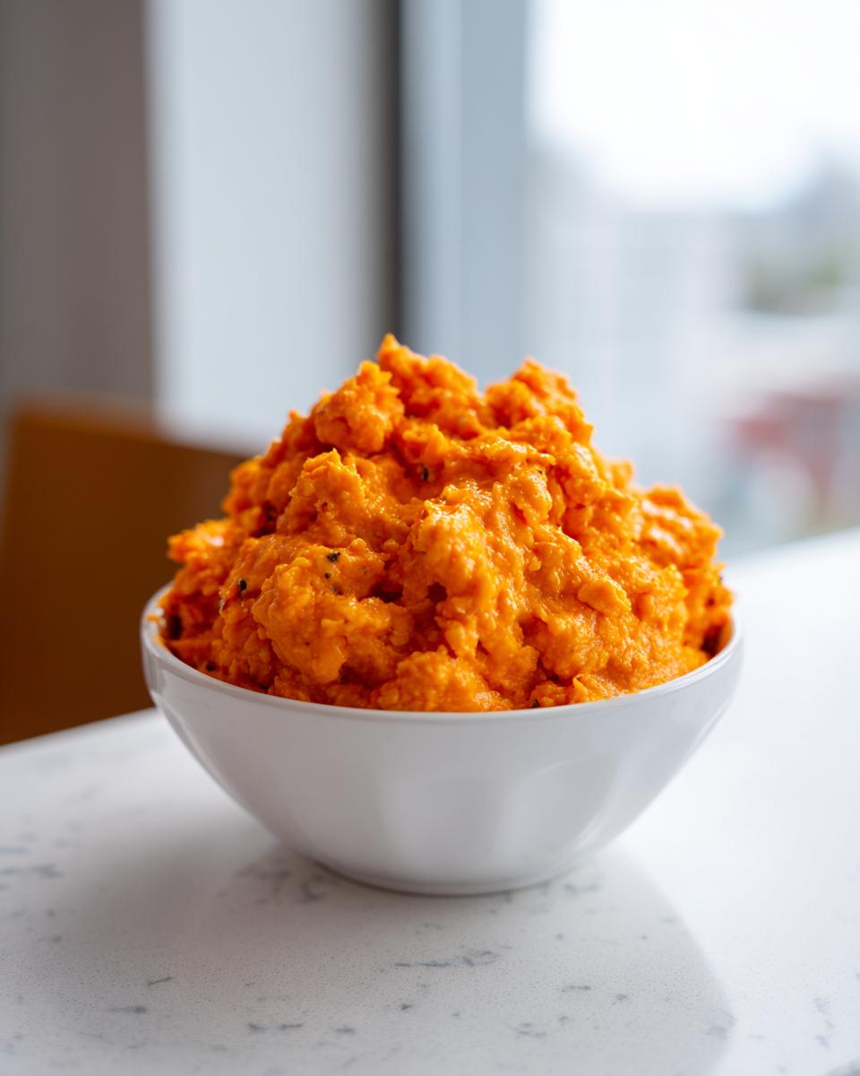 A mound of bright orange, textured chili cheese dip served in a small white bowl on a light countertop.